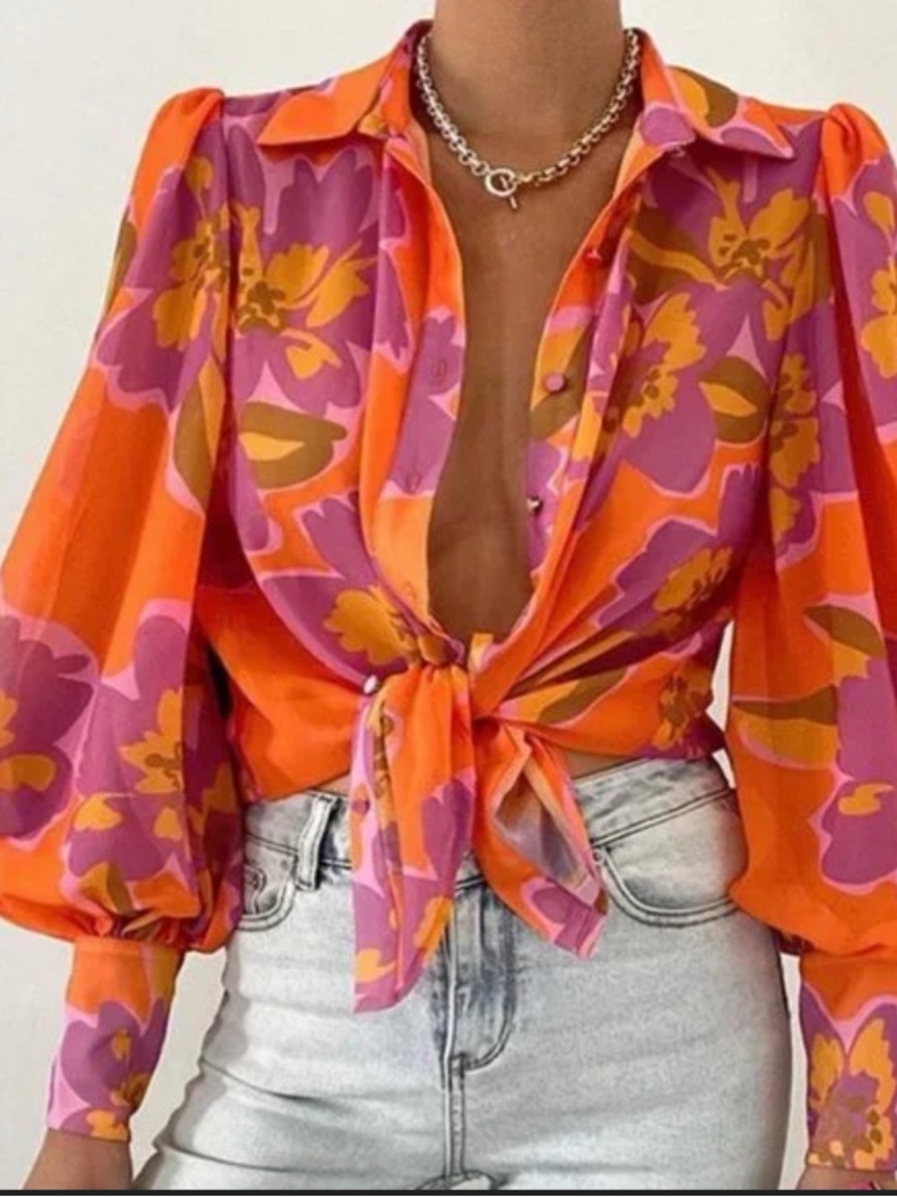 Orange Floral Tie-Front Blouse with Puff Sleeves